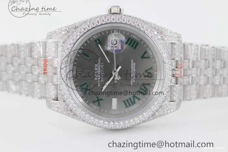 0224 Refined Datejust 41 SS Full Diamonds TWF 1:1 Best Edition Gray Roman Markers Dial on Jubilee Bracelet A 2389